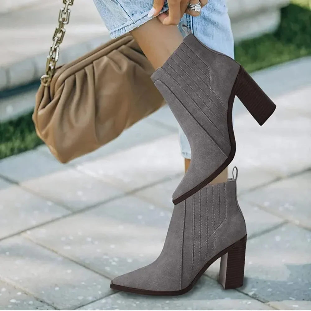 Juliet Holy Block Heel Ankle Boots Comfort Slip on Pointed Toe Mid Booties